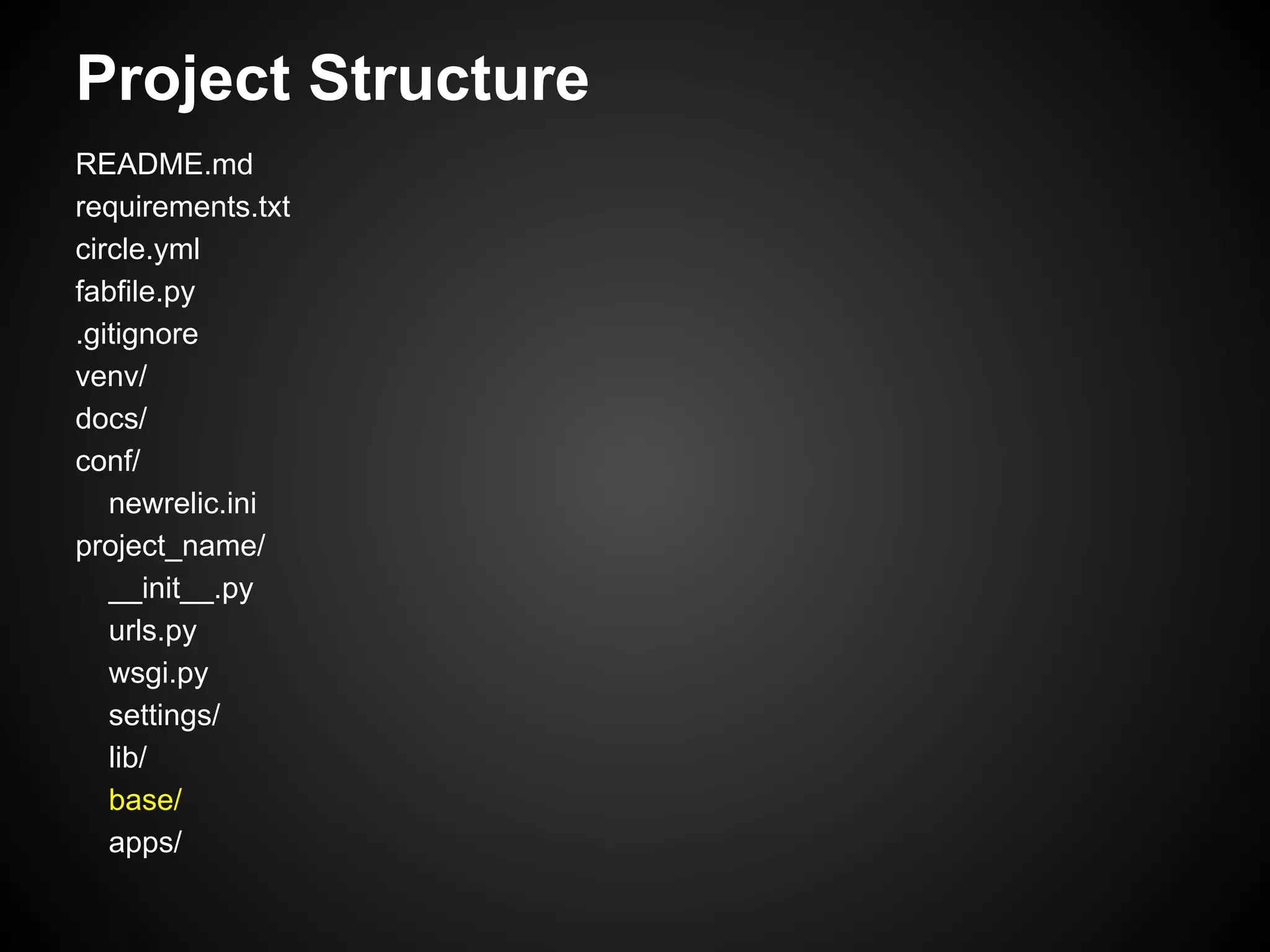 Project Structure
README.md
requirements.txt
circle.yml
fabfile.py
.gitignore
venv/
docs/
conf/
newrelic.ini
project_name/
__init__.py
urls.py
wsgi.py
settings/
lib/
base/
apps/
 