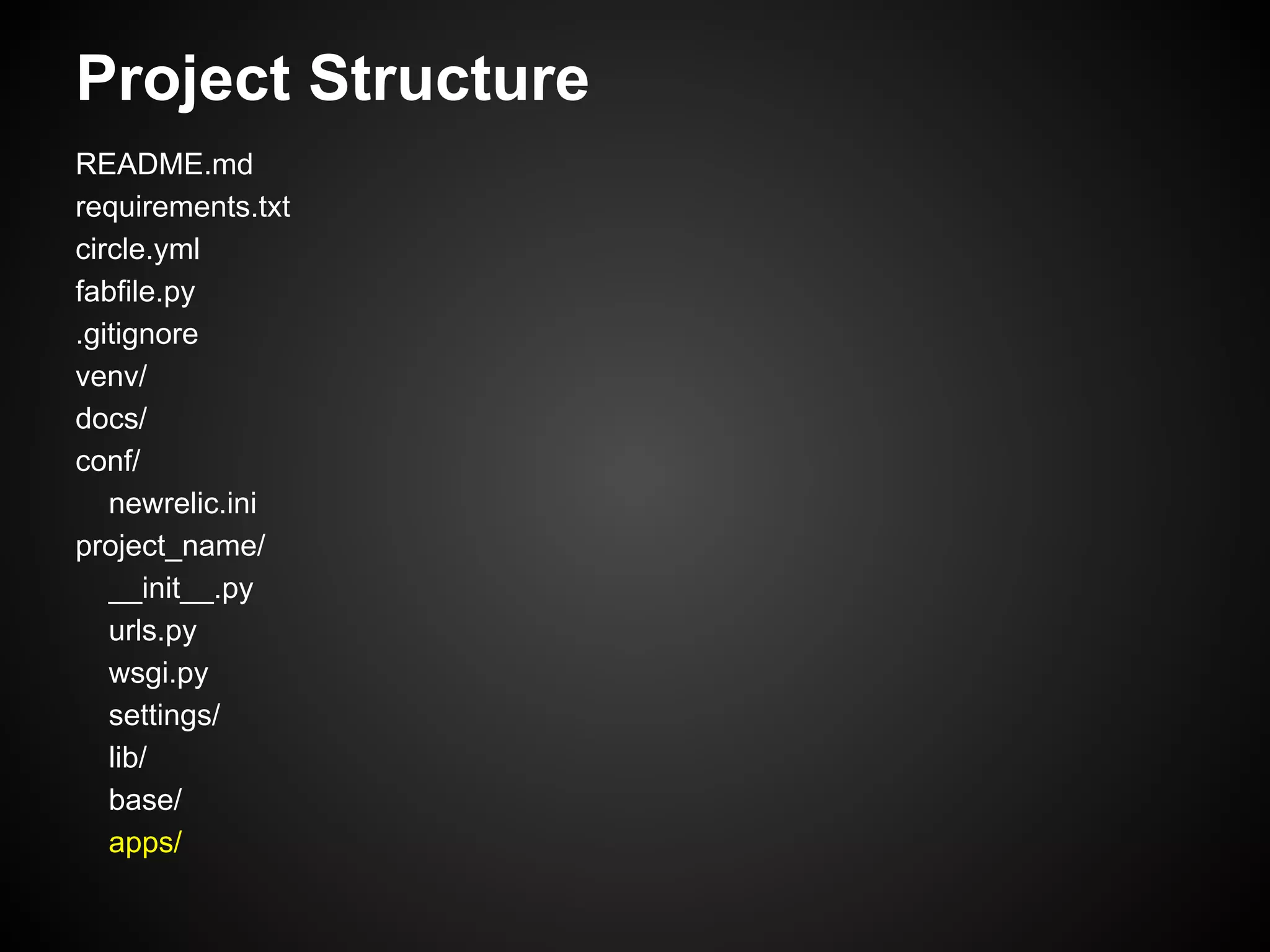 Project Structure
README.md
requirements.txt
circle.yml
fabfile.py
.gitignore
venv/
docs/
conf/
newrelic.ini
project_name/
__init__.py
urls.py
wsgi.py
settings/
lib/
base/
apps/
 