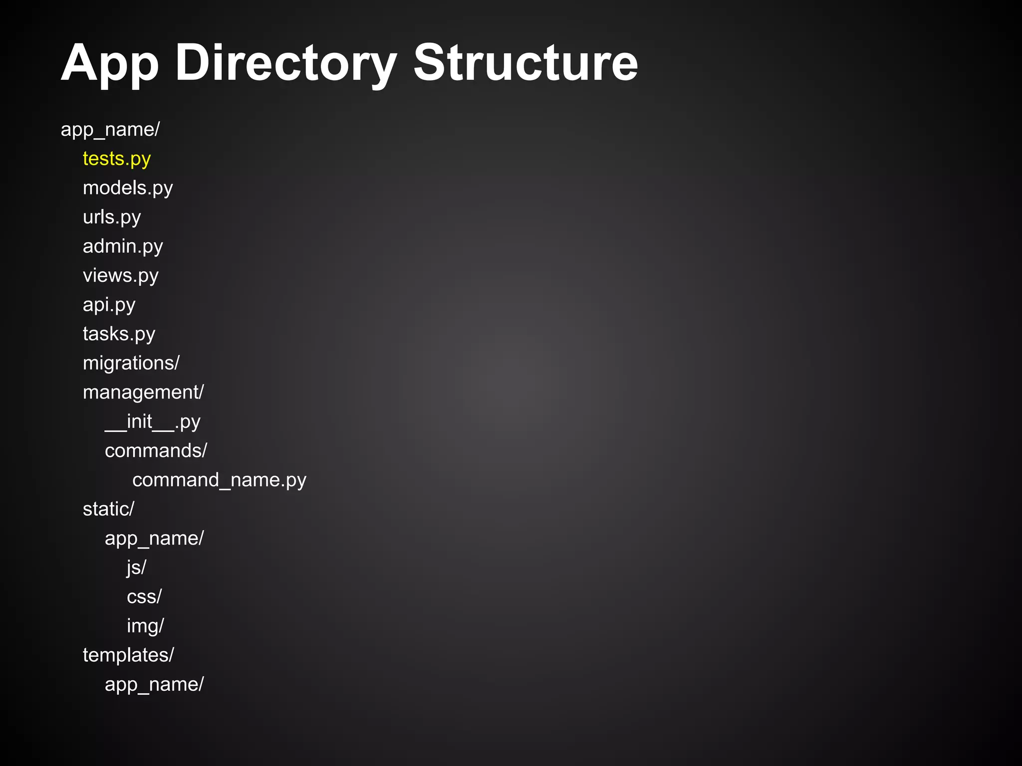 App Directory Structure
app_name/
tests.py
models.py
urls.py
admin.py
views.py
api.py
tasks.py
migrations/
management/
__init__.py
commands/
command_name.py
static/
app_name/
js/
css/
img/
templates/
app_name/
 