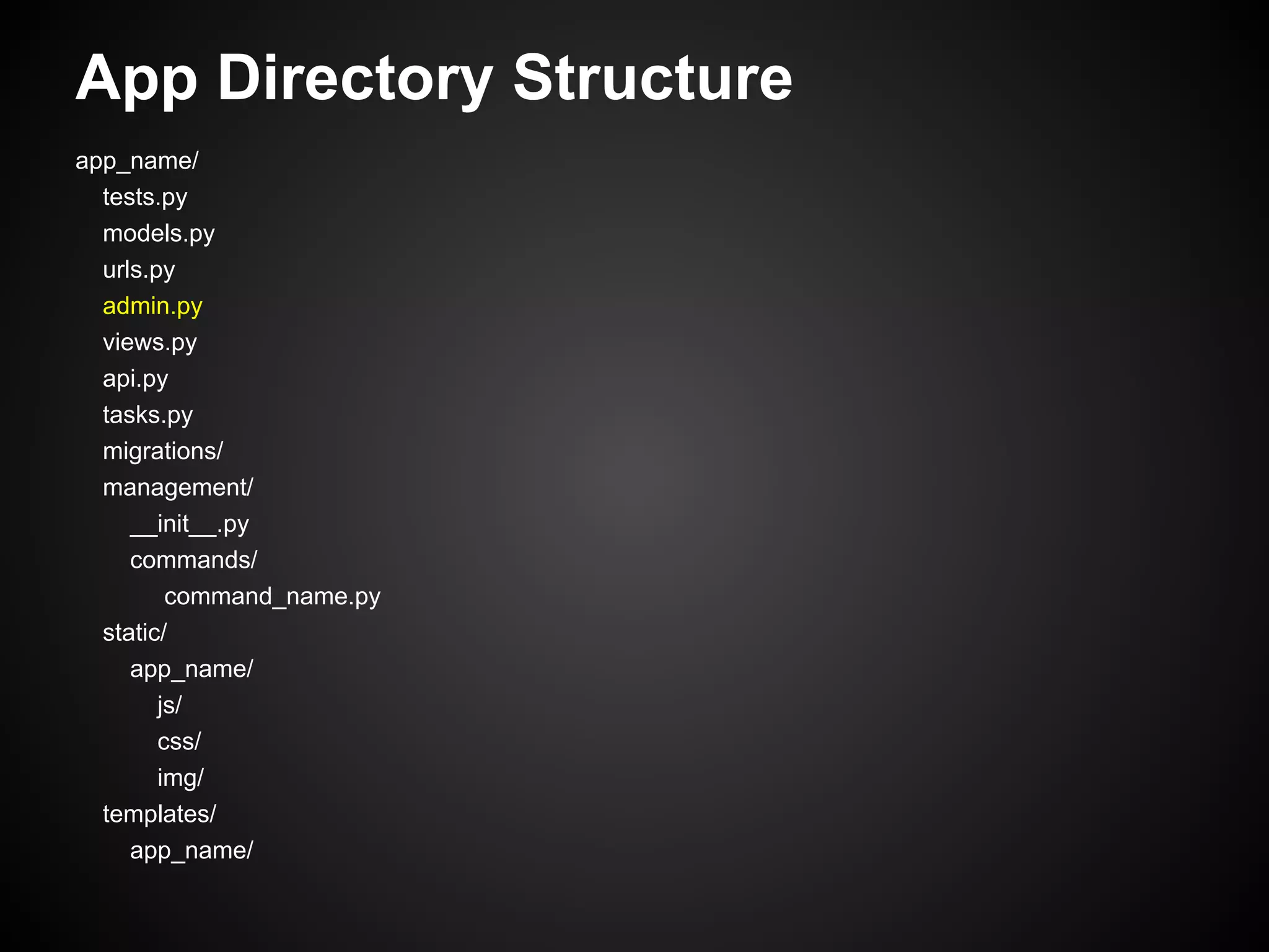 App Directory Structure
app_name/
tests.py
models.py
urls.py
admin.py
views.py
api.py
tasks.py
migrations/
management/
__init__.py
commands/
command_name.py
static/
app_name/
js/
css/
img/
templates/
app_name/
 