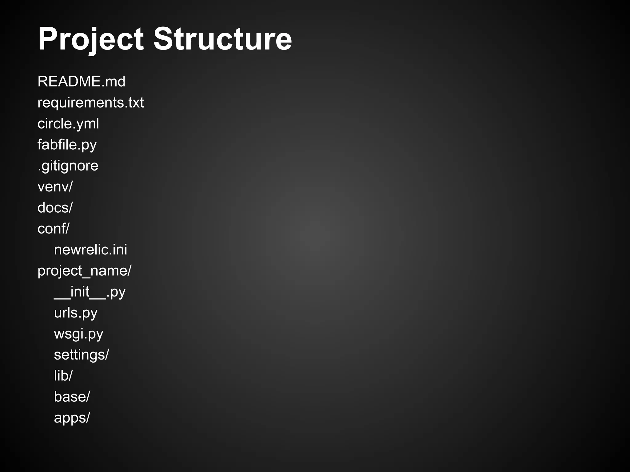 Project Structure
README.md
requirements.txt
circle.yml
fabfile.py
.gitignore
venv/
docs/
conf/
newrelic.ini
project_name/
__init__.py
urls.py
wsgi.py
settings/
lib/
base/
apps/
 