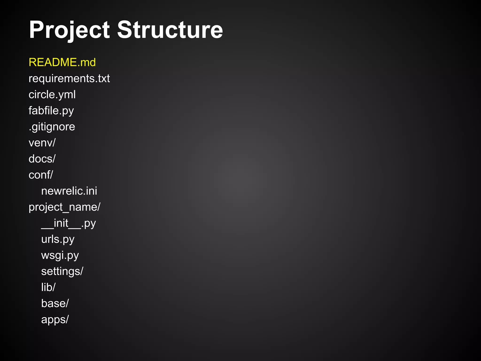 Project Structure
README.md
requirements.txt
circle.yml
fabfile.py
.gitignore
venv/
docs/
conf/
newrelic.ini
project_name/
__init__.py
urls.py
wsgi.py
settings/
lib/
base/
apps/
 