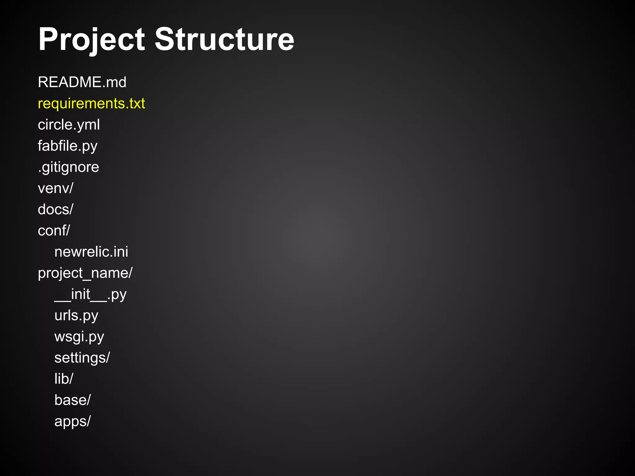 Project Structure
README.md
requirements.txt
circle.yml
fabfile.py
.gitignore
venv/
docs/
conf/
newrelic.ini
project_name/
__init__.py
urls.py
wsgi.py
settings/
lib/
base/
apps/
 
