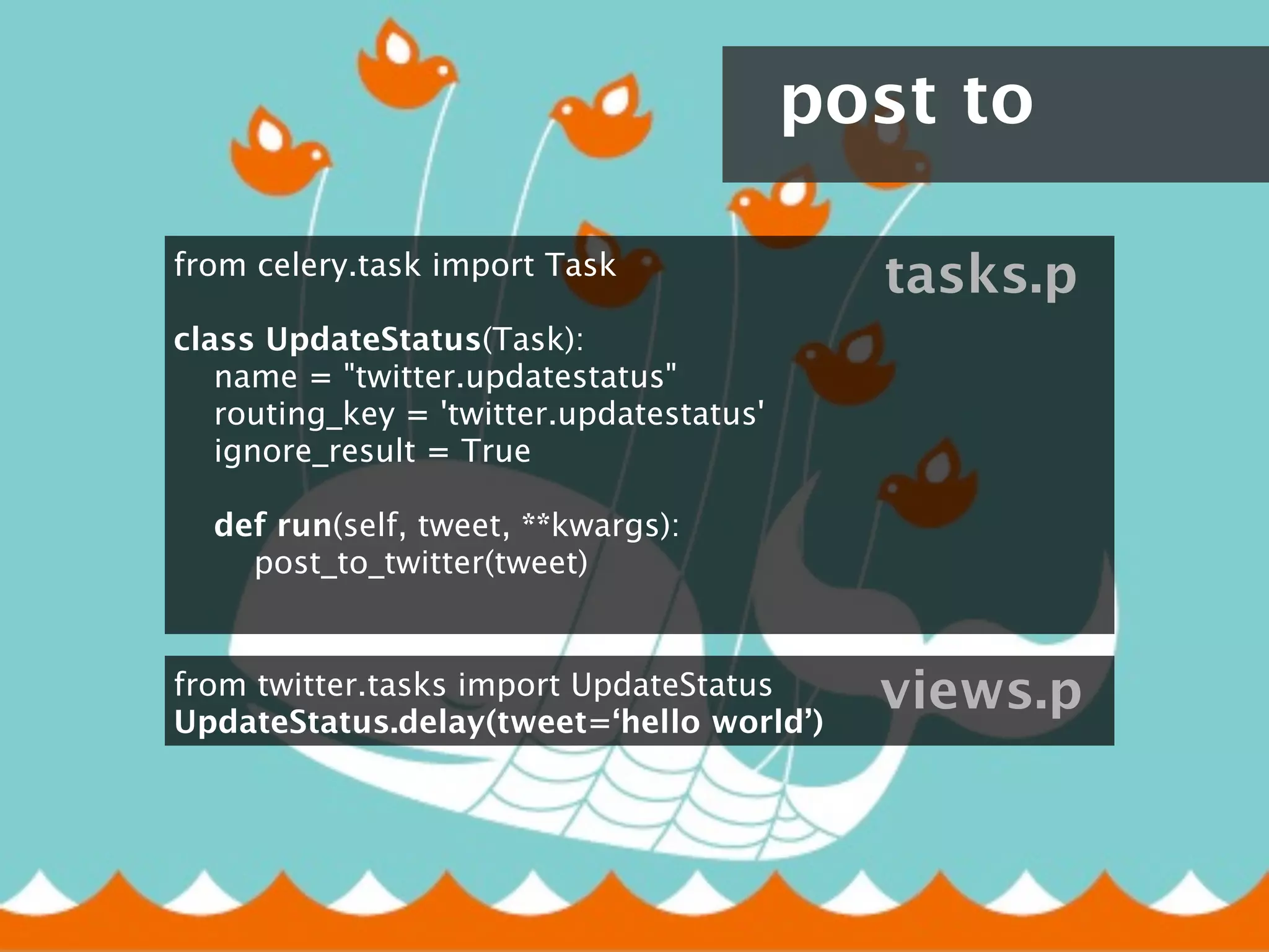post to

from celery.task import Task
                                             tasks.p
class UpdateStatus(Task):
    name = "twitter.updatestatus"
    routing_key = 'twitter.updatestatus'
    ignore_result = True
        
    def run(self, tweet, **kwargs):
        post_to_twitter(tweet)
        

from twitter.tasks import UpdateStatus
UpdateStatus.delay(tweet=‘hello world’)
                                             views.p
 