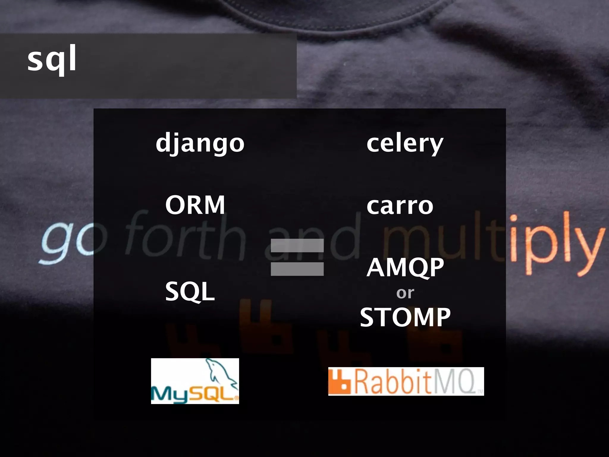 sql

      django   celery

      ORM      carro

               AMQP
      SQL        or
               STOMP
 