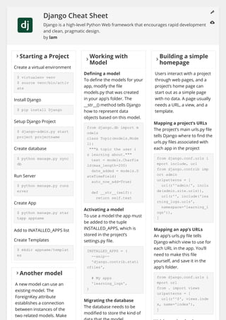 Django Cheat Sheet
Django is a high-level Python Web framework that encourages rapid development
and clean, pragmatic design.
by lam
󰅂Starting a Project
Create a virtual environment
$ virtualenv venv
$ source venv/bin/activ
ate
Install Django
$ pip install Django
Setup Django Project
$ django-admin.py start
project projectname
Create database
$ python manage.py sync
db
Run Server
$ python manage.py runs
erver
Create App
$ python manage.py star
tapp appname
Add to INATALLED_APPS list
Create Templates
$ mkdir appname/templat
es
󰅂
Working with
Model
De ning a model
To de ne the models for your
app, modify the le
models.py that was created
in your app’s folder. The
__str__() method tells Django
how to represent data
objects based on this model.
from django.db import m
odels
class Topic(models.Mode
l):
"""A topic the user i
s learning about."""
text = models.CharFie
ld(max_length=200)
date_added = models.D
ateTimeField(
auto_now_add=True)
def __str__(self):
return self.text
Activating a model
To use a model the app must
be added to the tuple
INSTALLED_APPS, which is
stored in the project’s
settings.py le.
INSTALLED_APPS = (
--snip--
'django.contrib.stati
cfiles',
# My apps
'learning_logs',
)
Migrating the database
The database needs to be
modi ed to store the kind of
󰅂
Building a simple
homepage
Users interact with a project
through web pages, and a
project’s home page can
start out as a simple page
with no data. A page usually
needs a URL, a view, and a
template.
Mapping a project’s URLs
The project’s main urls.py le
tells Django where to nd the
urls.py les associated with
each app in the project
from django.conf.urls i
mport include, url
from django.contrib imp
ort admin
urlpatterns = [
url(r'^admin/', inclu
de(admin.site.urls)),
url(r'', include('lea
rning_logs.urls',
namespace='learning_l
ogs')),
]
Mapping an app’s URLs
An app’s urls.py le tells
Django which view to use for
each URL in the app. You’ll
need to make this le
yourself, and save it in the
app’s folder.
from django.conf.urls i
mport url
from . import views
urlpatterns = [
url(r'^$', views.inde
x, name='index'),
]
󰅂Another model
A new model can use an
existing model. The
ForeignKey attribute
establishes a connection
between instances of the
two related models. Make
󰏪
󰅢
 