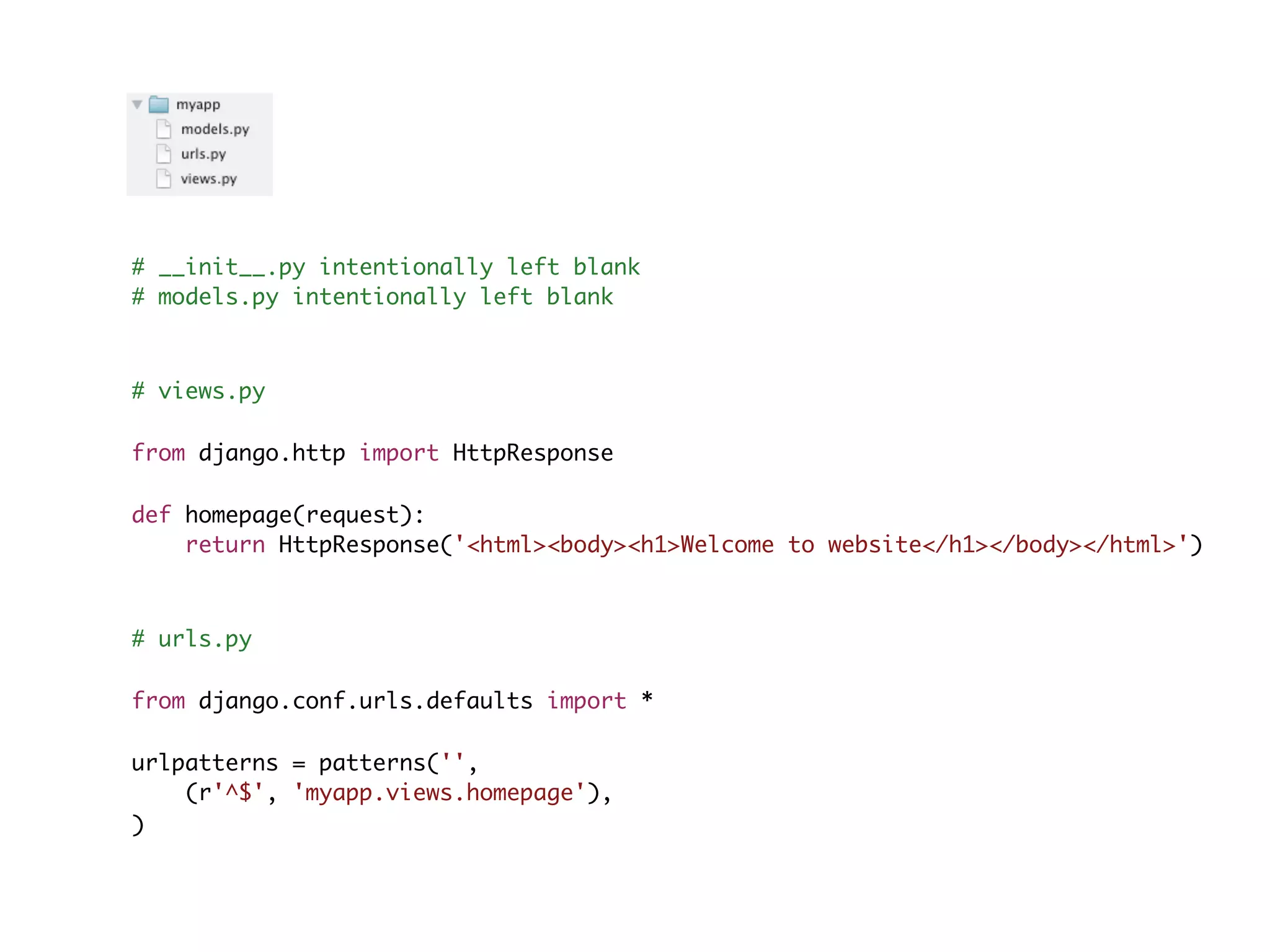 # __init__.py intentionally left blank # models.py intentionally left blank # views.py from django.http import HttpResponse def homepage(request): return HttpResponse('<html><body><h1>Welcome to website</h1></body></html>') # urls.py from django.conf.urls.defaults import * urlpatterns = patterns('', (r'^$', 'myapp.views.homepage'), ) 