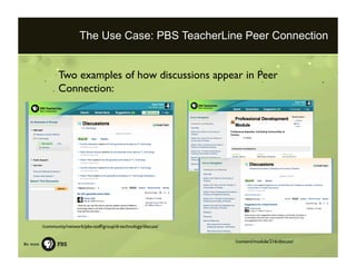 The Use Case: PBS TeacherLine Peer Connection


       Two examples of how discussions appear in Peer
       Connection:




/community/network/pbs-staff/group/tl-technology/discuss/


                                                             /content/module/216/discuss/
 