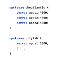 upstream theatlantic {
server apps1:4000;
server apps2:4000;
server apps3:4000;
}
upstream citylab {
server apps1:5000;
# ...
}
 