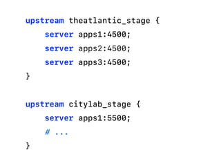 upstream theatlantic_stage {
server apps1:4500;
server apps2:4500;
server apps3:4500;
}
upstream citylab_stage {
server apps1:5500;
# ...
}
 