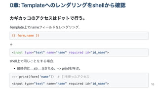 0章:Templateへのレンダリングをshellから確認
カギカッコのアクセスはドットで行う。
Template上でnameフィールドをレンダリング.
{{ form.name }}

↓
<input type="text" name="name" required id="id_name">

shell上で同じことをする場合.
最終的に__str__()される。->printを呼ぶ。
>>> print(form['name']) # []を使ったアクセス 

<input type="text" name="name" required id="id_name">
 16
 