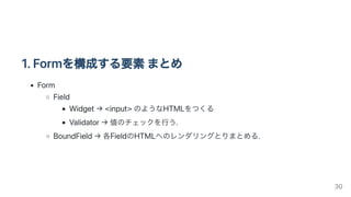 1.Formを構成する要素まとめ
Form
Field
Widget→<input>のようなHTMLをつくる
Validator→値のチェックを行う.
BoundField→各FieldのHTMLへのレンダリングとりまとめる.
30
 