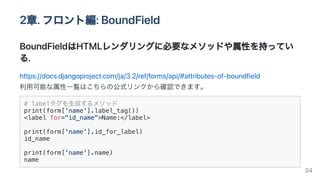 2章.フロント編:BoundField
BoundFieldはHTMLレンダリングに必要なメソッドや属性を持ってい
る.
https://docs.djangoproject.com/ja/3.2/ref/forms/api/#attributes-of-boundfield

利用可能な属性一覧はこちらの公式リンクから確認できます。
# labelタグを生成するメソッド

print(form['name'].label_tag())

<label for="id_name">Name:</label>

print(form['name'].id_for_label)

id_name

print(form['name'].name)

name

34
 