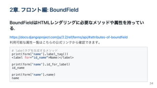 2章.フロント編:BoundField
BoundFieldはHTMLレンダリングに必要なメソッドや属性を持ってい
る.
https://docs.djangoproject.com/ja/3.2/ref/forms/api/#attribut...
