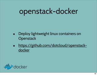 openstack-docker
• Deploy lightweight linux containers on
Openstack
• https://github.com/dotcloud/openstack-
docker
46
 
