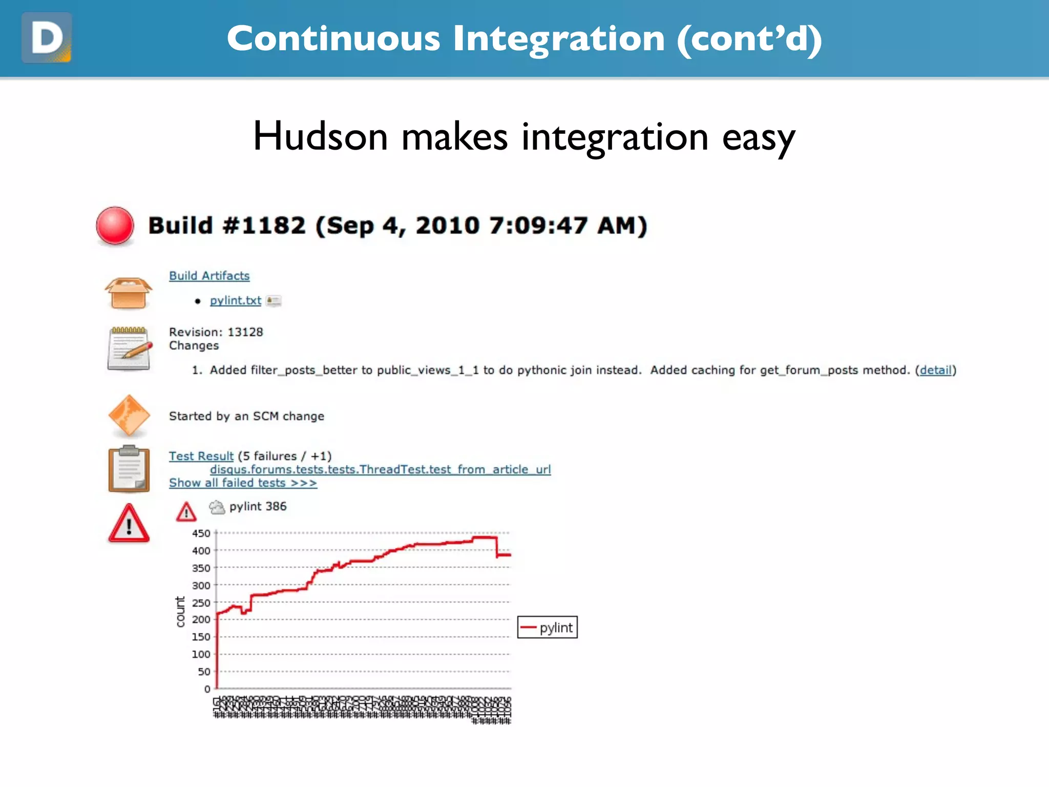 Continuous Integration (cont’d)
Hudson makes integration easy