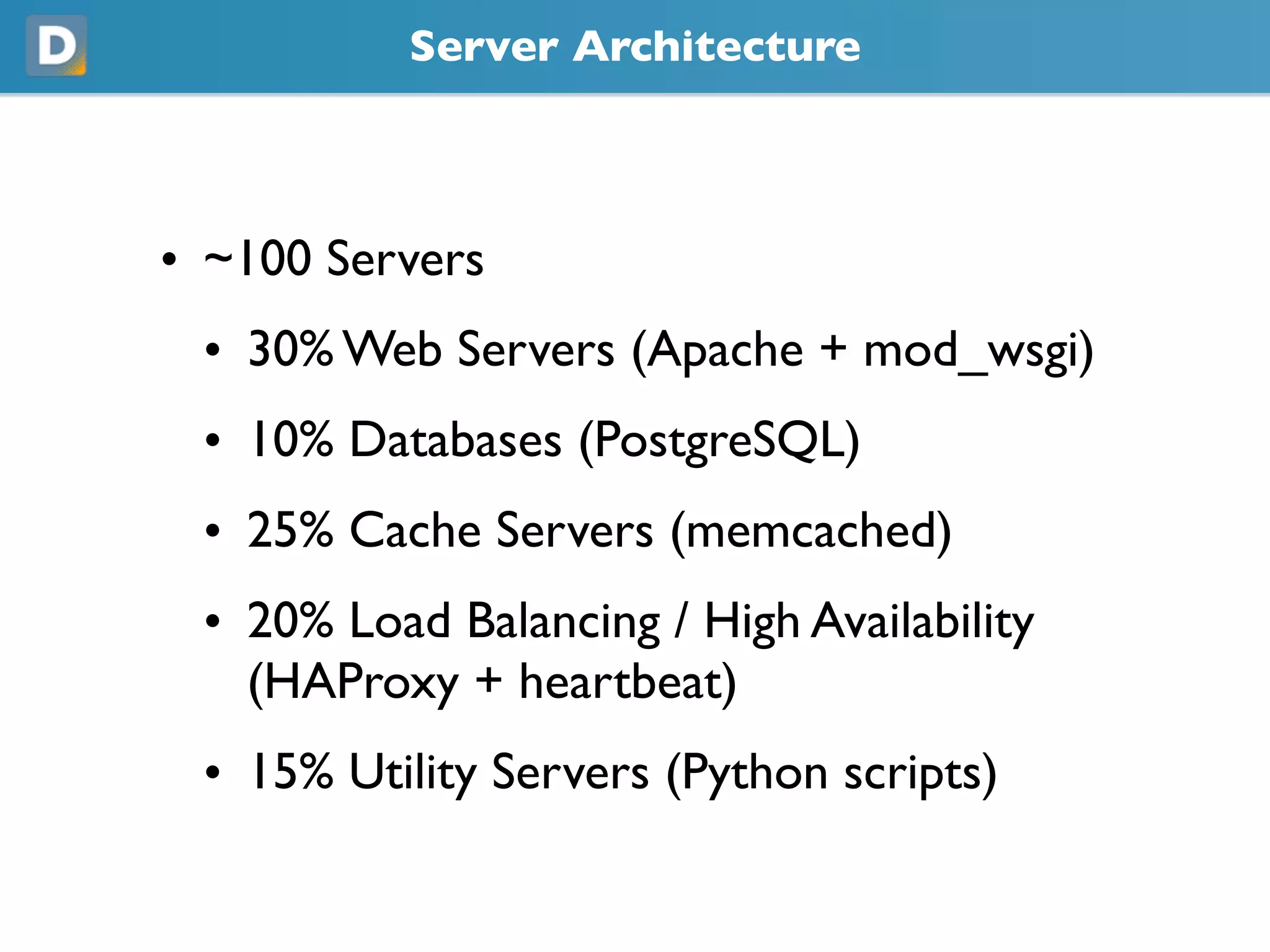 Server Architecture
• ~100 Servers
• 30% Web Servers (Apache + mod_wsgi)
• 10% Databases (PostgreSQL)
• 25% Cache Servers (memcached)
• 20% Load Balancing / High Availability
(HAProxy + heartbeat)
• 15% Utility Servers (Python scripts)