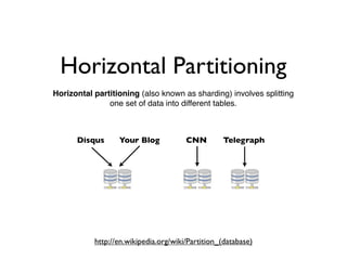 Horizontal Partitioning
Horizontal partitioning (also known as sharding) involves splitting
               one set of data into different tables.
      Disqus      Your Blog            CNN        Telegraph
           https://en.wikipedia.org/wiki/Partition_(database)
 