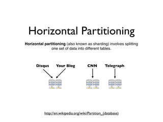 Horizontal Partitioning
Horizontal partitioning (also known as sharding) involves splitting
               one set of data into different tables.



      Disqus      Your Blog            CNN        Telegraph




           http://en.wikipedia.org/wiki/Partition_(database)
 