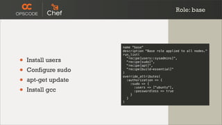 Role: base




                     name "base"
                     description "Base role applied to all nodes."
                     run_list(

•   Install users      "recipe[users::sysadmins]",
                       "recipe[sudo]",


•
                       "recipe[apt]",
    Configure sudo   )
                       "recipe[build-essential]"



•
                     override_attributes(
    apt-get update     :authorization => {
                         :sudo => {

•   Install gcc
                         }
                           :users => ["ubuntu"],
                           :passwordless => true

                       }
                     )
 