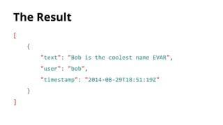 The Result
[
{
"text": "Bob is the coolest name EVAR",
"user": "bob",
"timestamp": "2014-08-29T18:51:19Z"
}
]
 