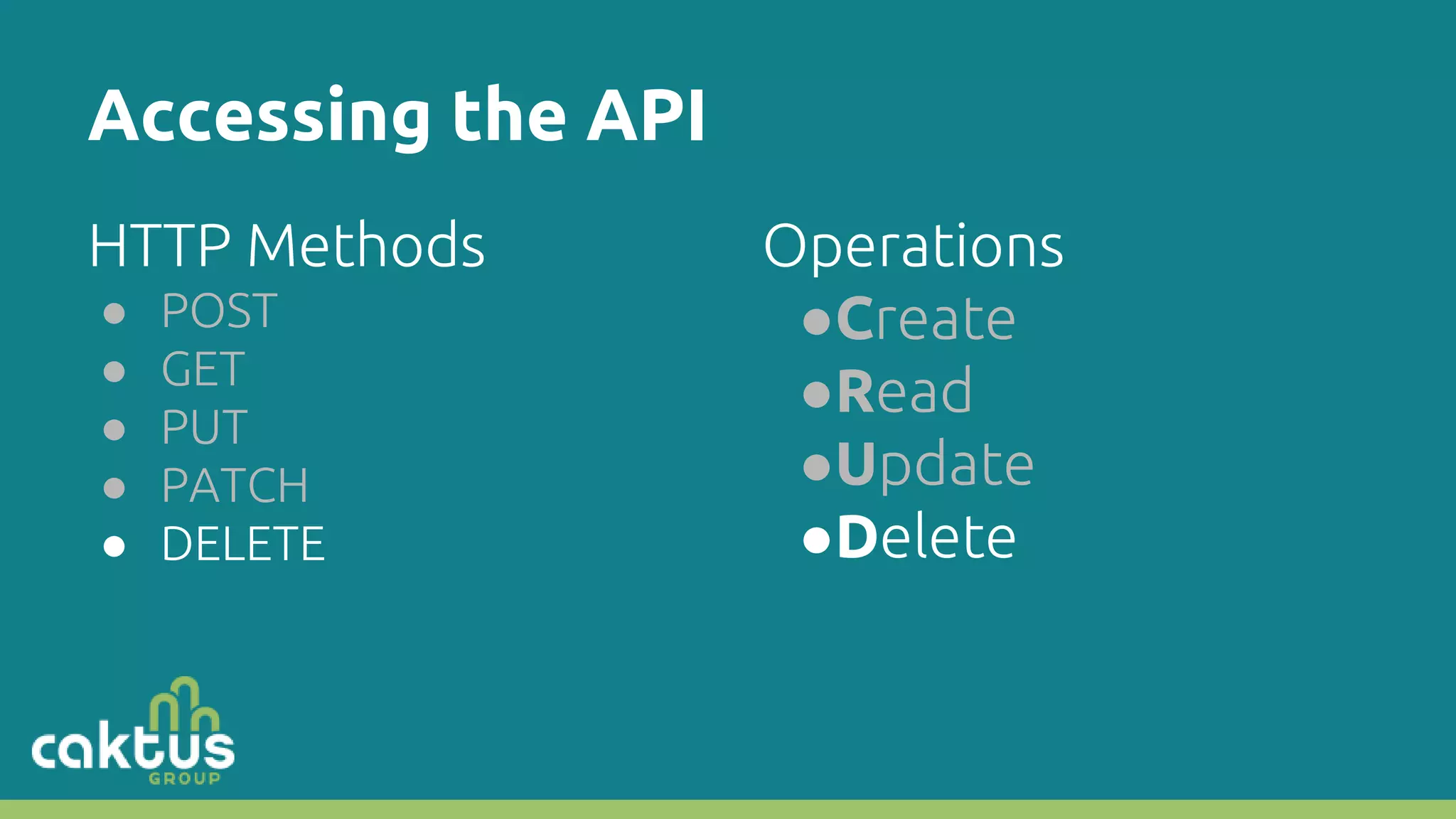 Accessing the API HTTP Methods ● POST ● GET ● PUT ● PATCH ● DELETE Operations ●Create ●Read ●Update ●Delete 