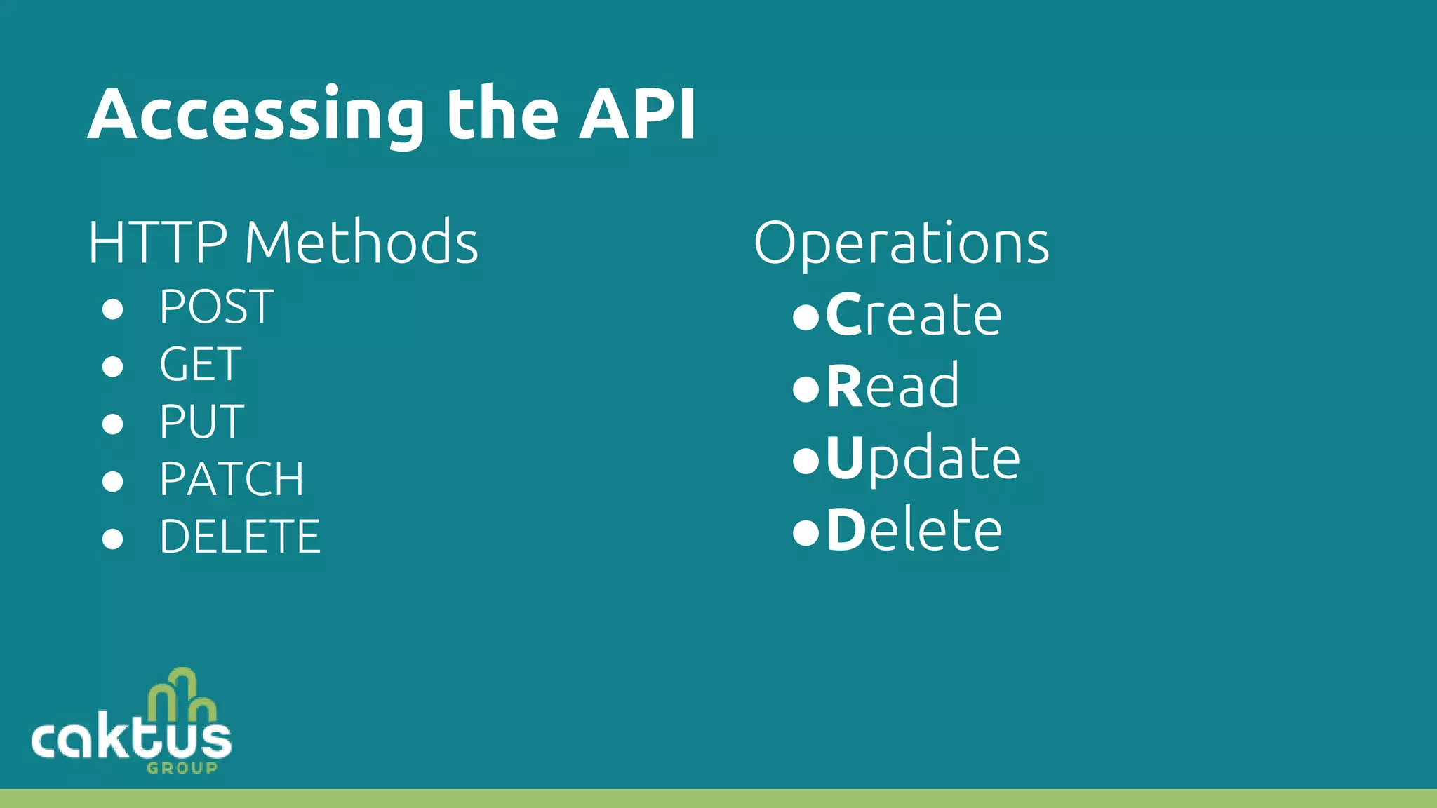 Accessing the API HTTP Methods ● POST ● GET ● PUT ● PATCH ● DELETE Operations ●Create ●Read ●Update ●Delete 