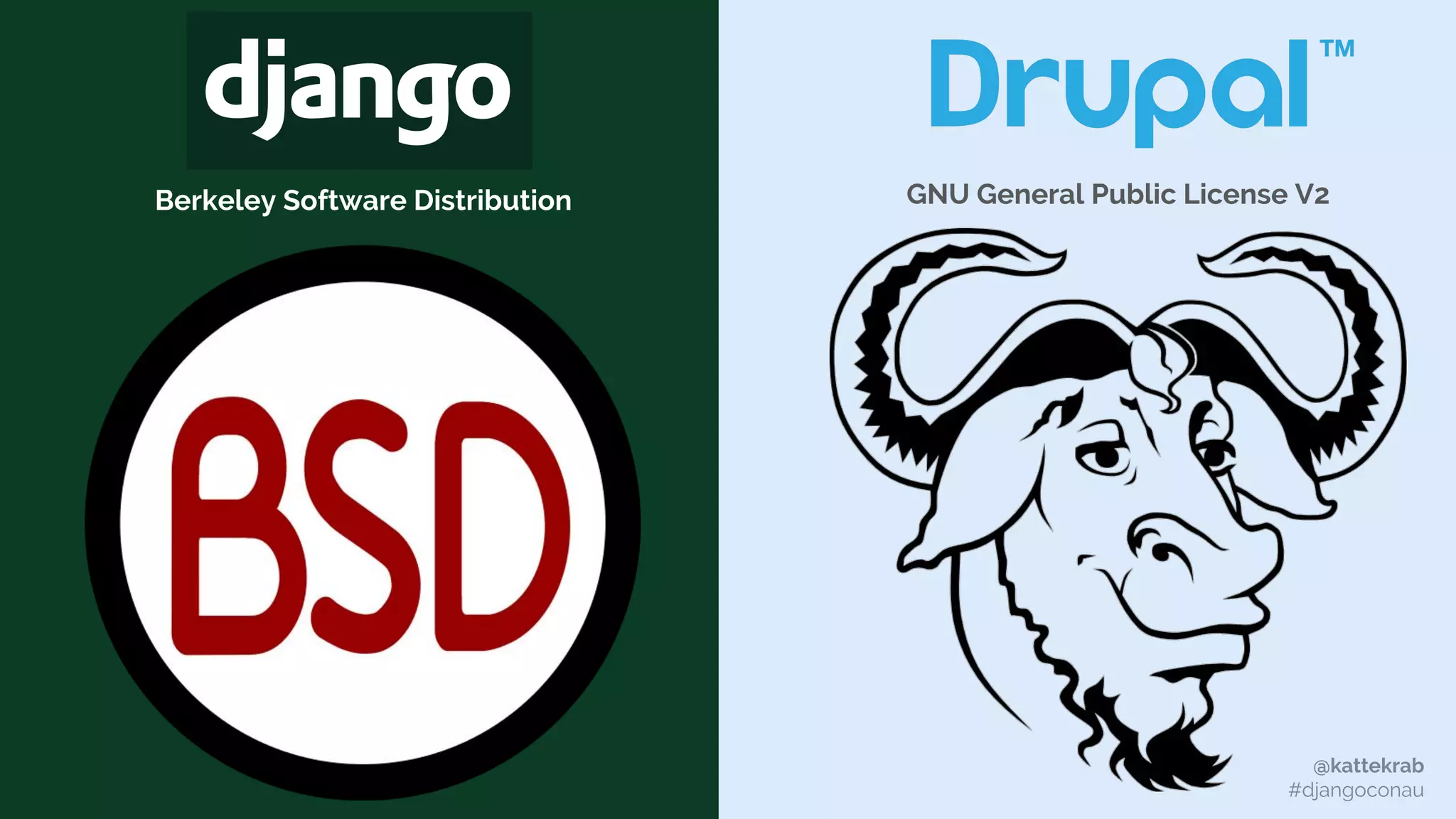 @kattekrab
#djangoconau
GNU General Public License V2Berkeley Software Distribution
 