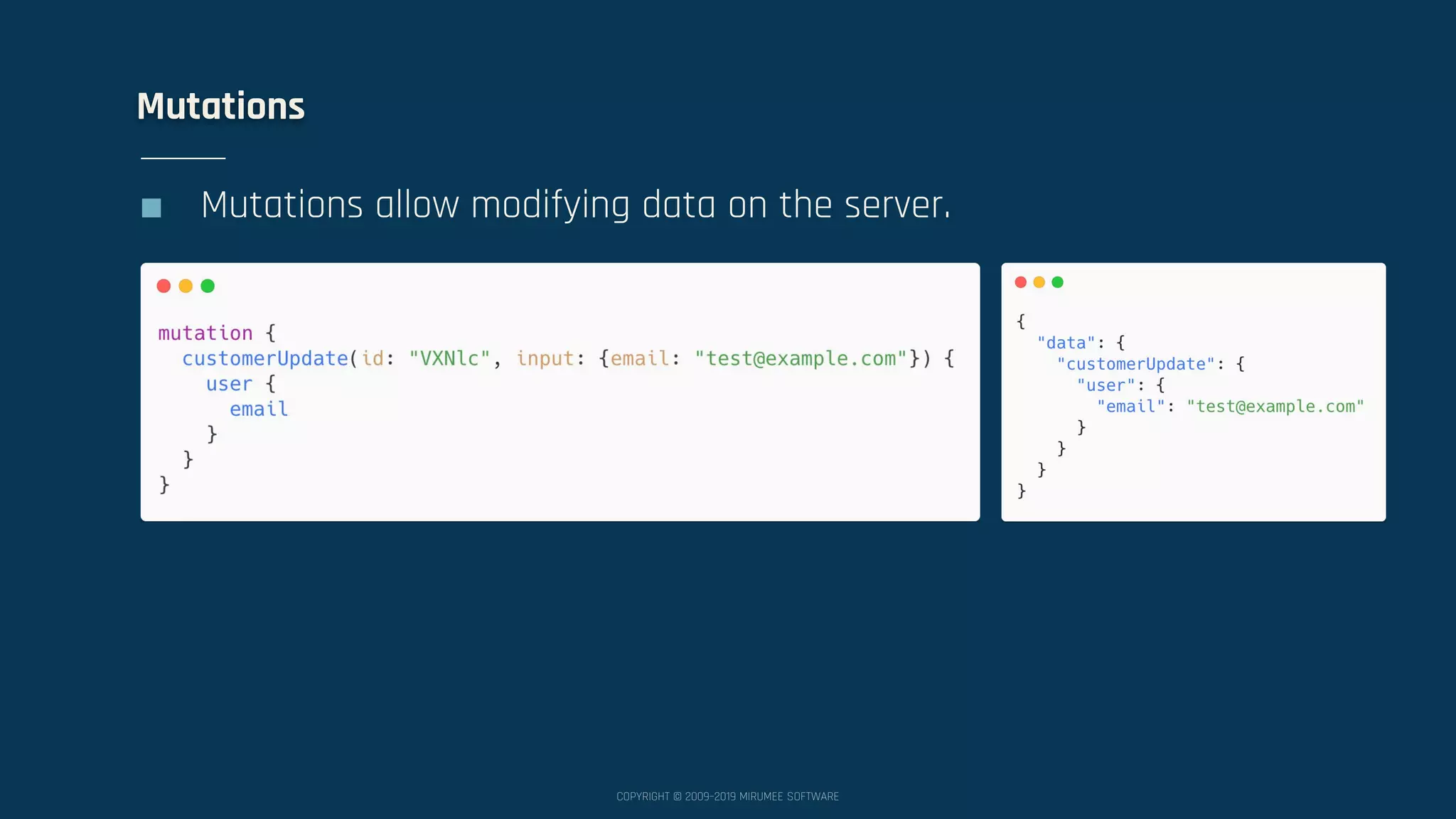 COPYRIGHT © 2009–2019 MIRUMEE SOFTWARE Mutations ■ Mutations allow modifying data on the server. 
