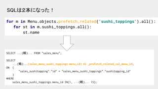 for m in Menu.objects.prefetch_related('sushi_toppings').all():
for st in m.sushi_toppings.all():
st.name
SQLは２本になった！ 
SEL...