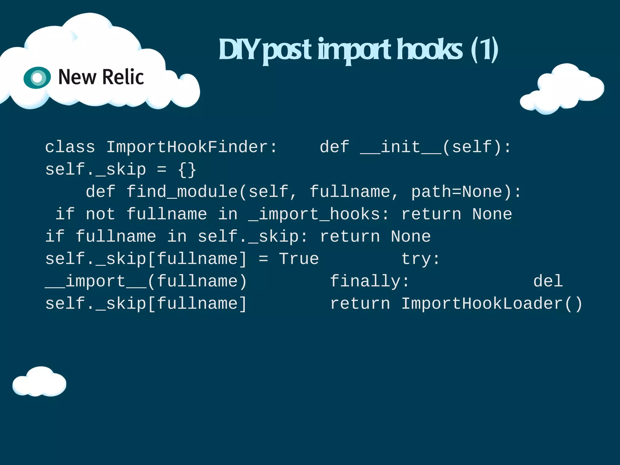 WSGI middleware (3)

class Iterable(object):

   ...

   def close(self):
       try:
            if hasattr(self.generator, 'close'):
                self.generator.close()
       except:
            self.trace.__exit__(*sys.exc_info())
            raise
       else:
            self.trace.__exit__(None, None, None)
 
