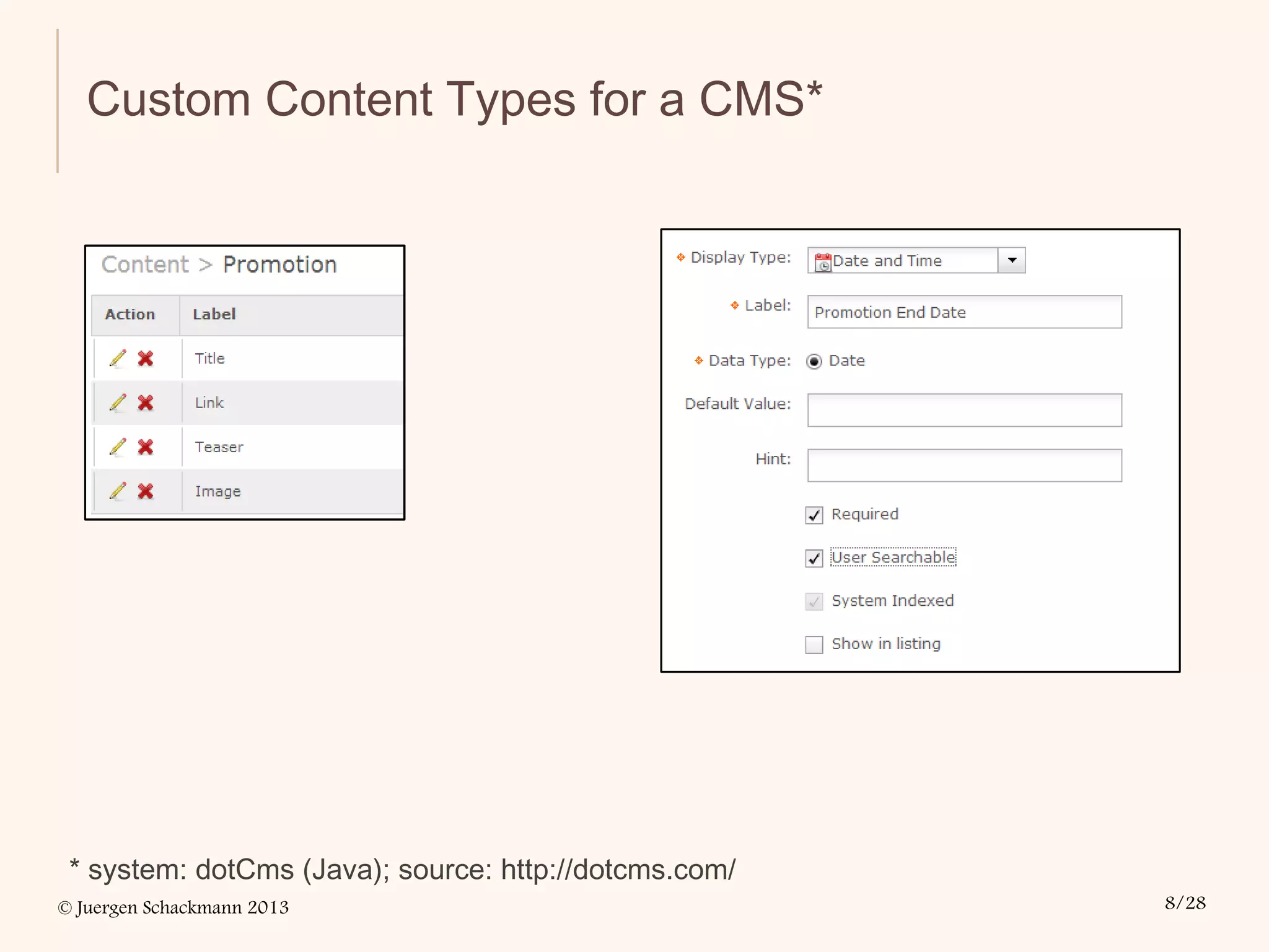 © Juergen Schackmann 2013 8/28
Custom Content Types for a CMS*
* system: dotCms (Java); source: http://dotcms.com/
 