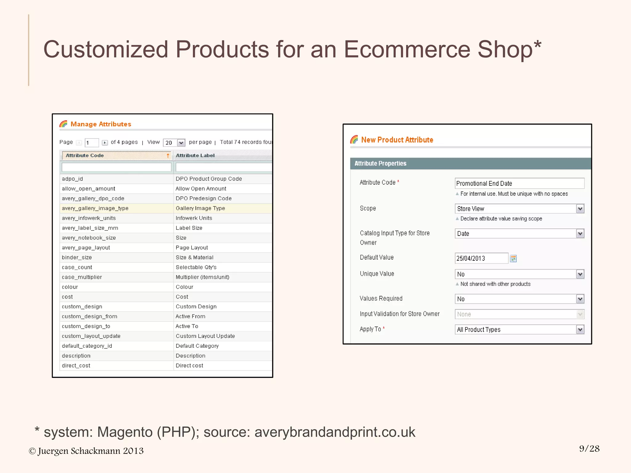 © Juergen Schackmann 2013 9/28
Customized Products for an Ecommerce Shop*
* system: Magento (PHP); source: averybrandandprint.co.uk
 
