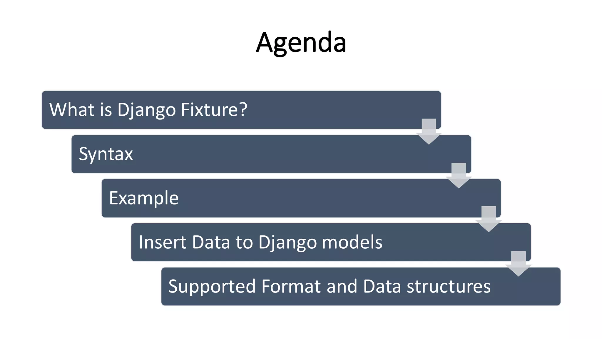 Agenda
What is Django Fixture?
Syntax
Example
Insert Data to Django models
Supported Format and Data structures
 