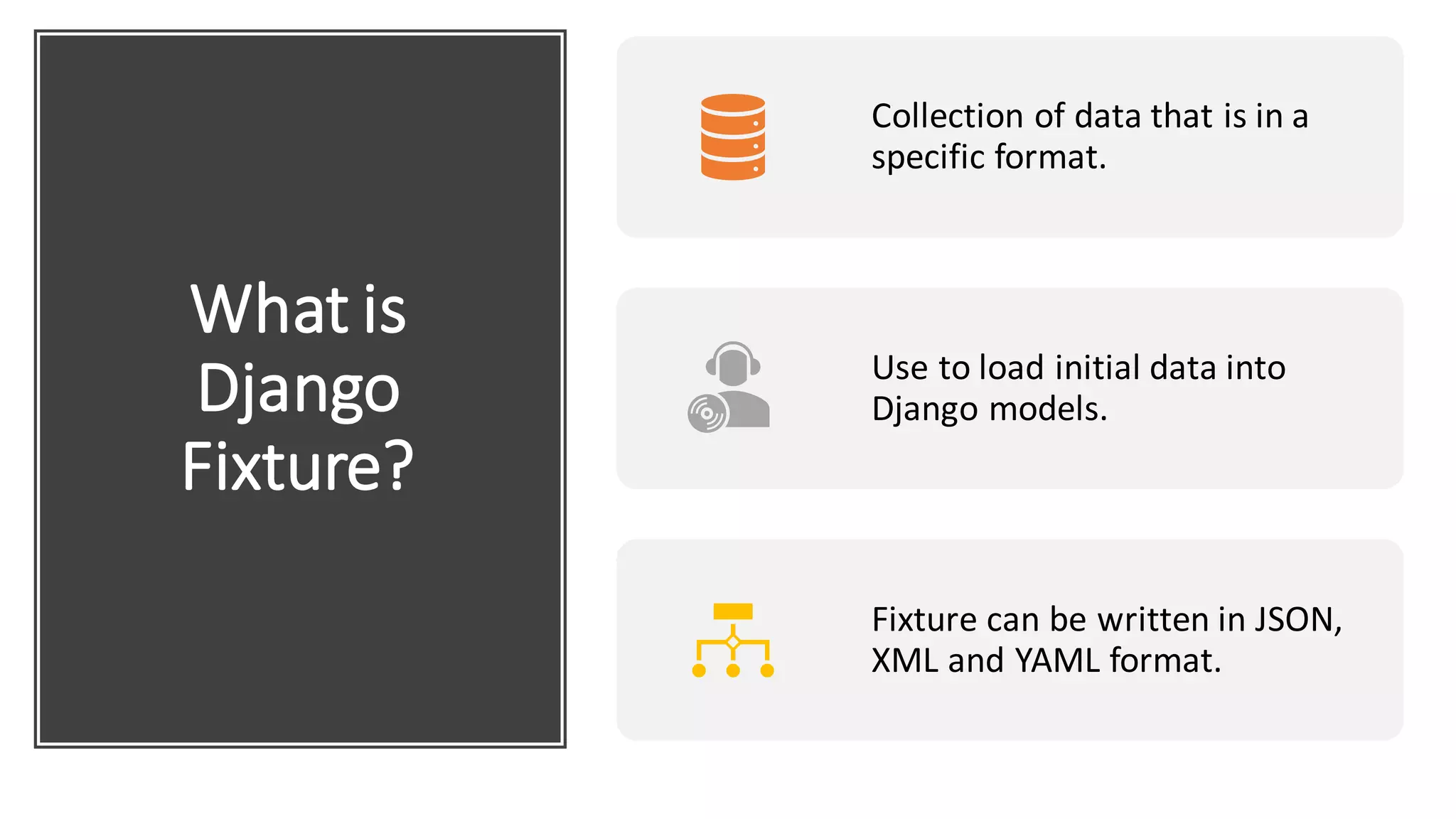 What is
Django
Fixture?
Collection of data that is in a
specific format.
Use to load initial data into
Django models.
Fixture can be written in JSON,
XML and YAML format.
 