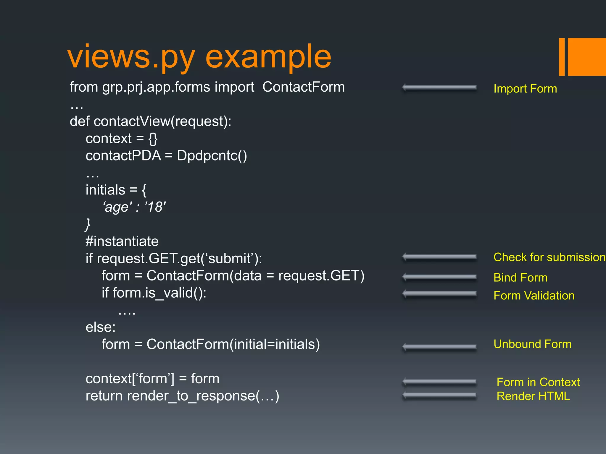 views.py example
from grp.prj.app.forms import ContactForm
…
def contactView(request):
context = {}
contactPDA = Dpdpcntc()
…
initials = {
‘age' : ’18'
}
#instantiate
if request.GET.get(„submit‟):
form = ContactForm(data = request.GET)
if form.is_valid():
….
else:
form = ContactForm(initial=initials)
context[„form‟] = form
return render_to_response(…)
Import Form
Check for submission
Bind Form
Form Validation
Unbound Form
Render HTML
Form in Context
 