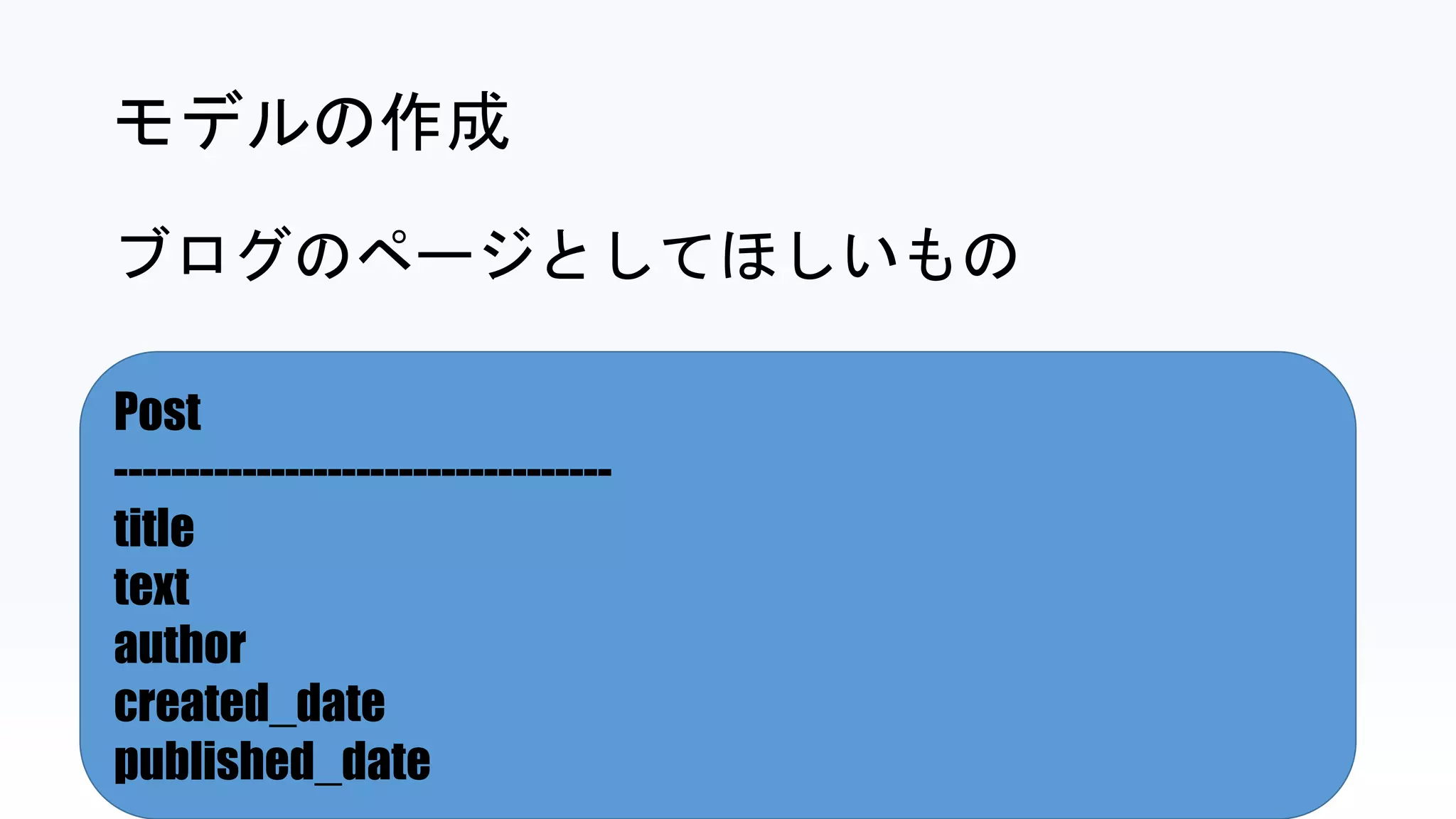Post
-----------------------------------
title
text
author
created_date
published_date
モデルの作成
ブログのページとしてほしいもの
 