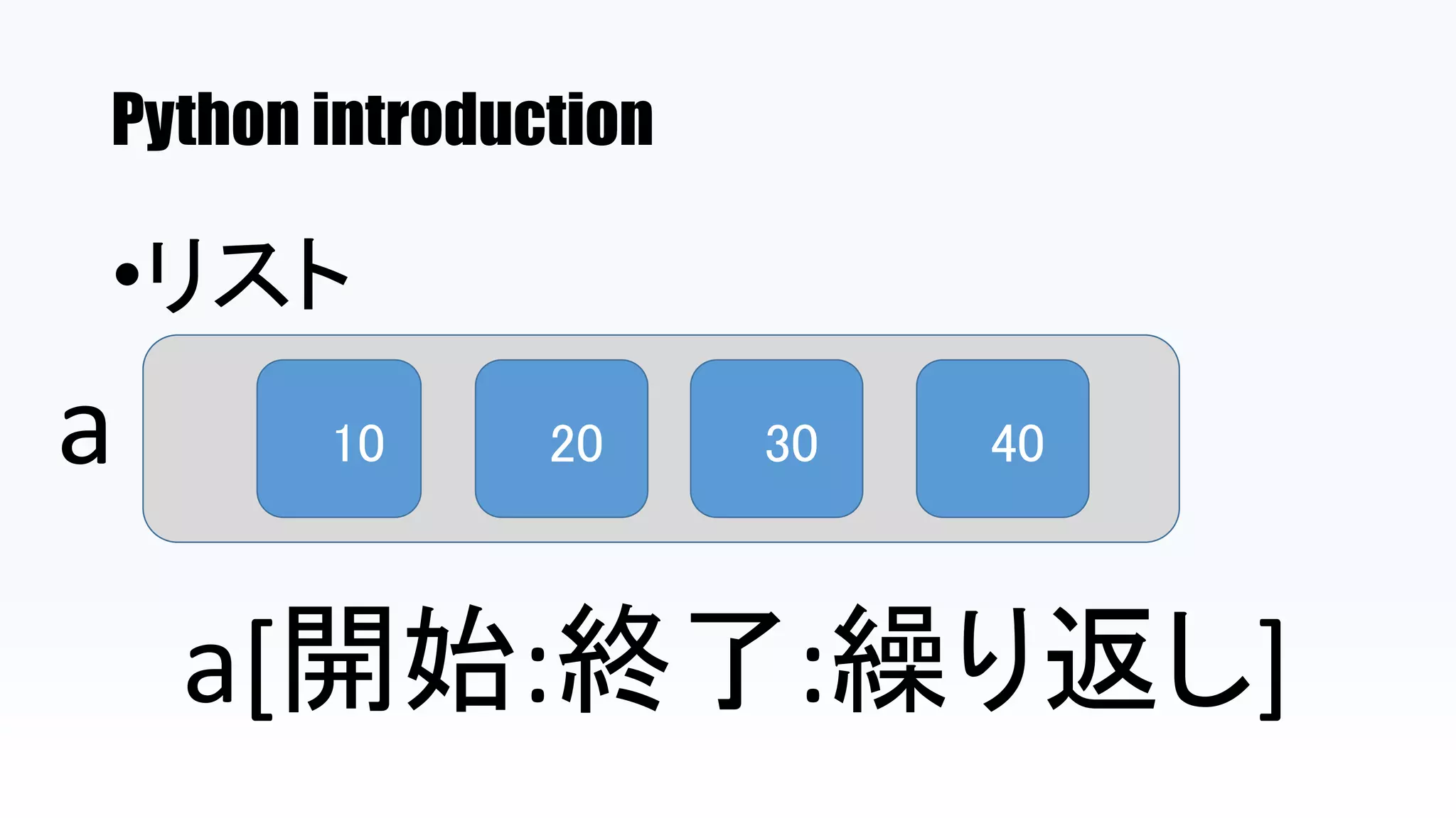 Python introduction
•リスト
10 20 30 40a
a[開始:終了:繰り返し]
 