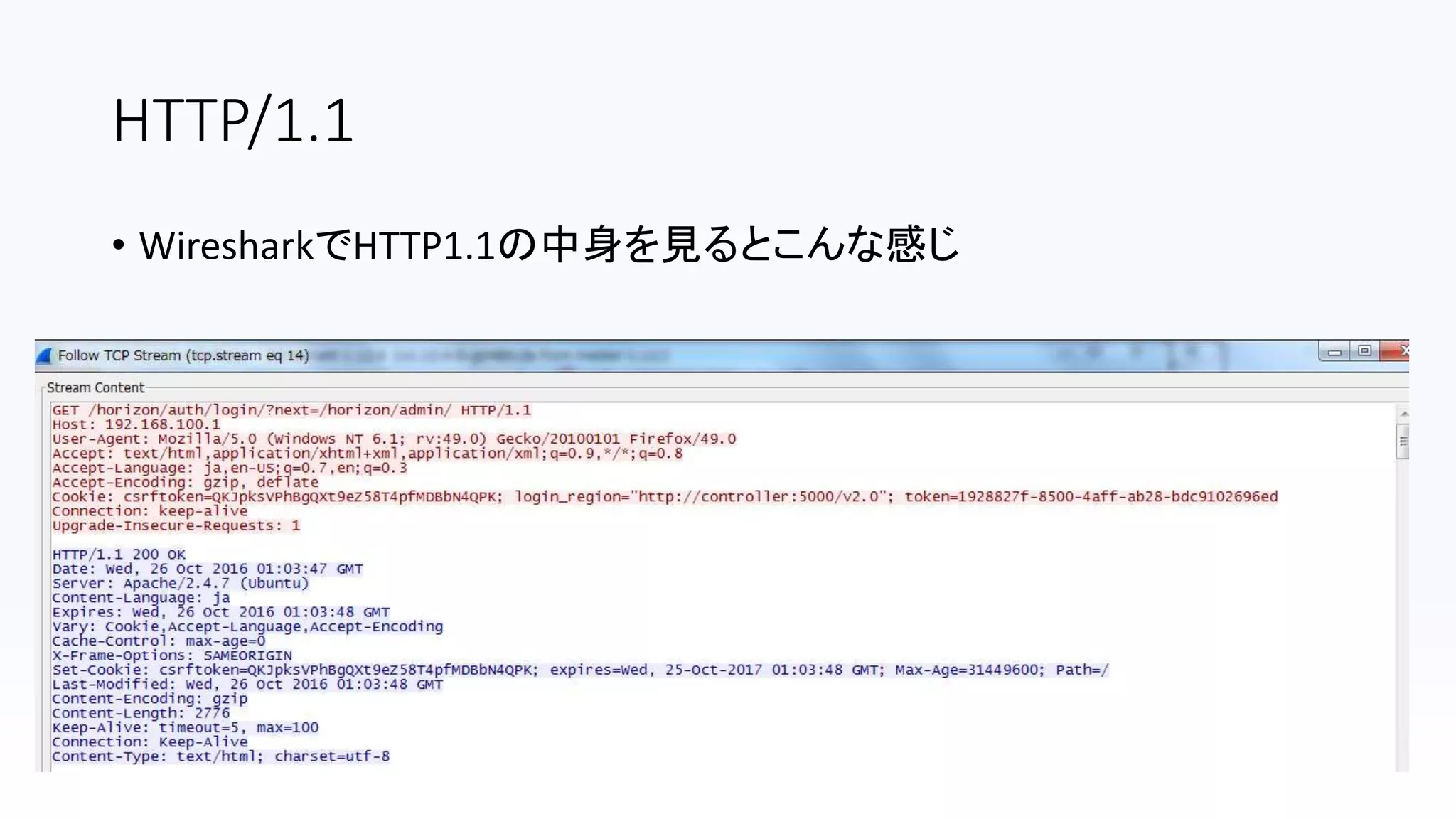 HTTP/1.1
• WiresharkでHTTP1.1の中身を見るとこんな感じ
 