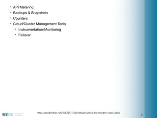 •   API Metering
•   Backups & Snapshots
•   Counters
•   Cloud/Cluster Management Tools
     •   Instrumentation/Monitori...