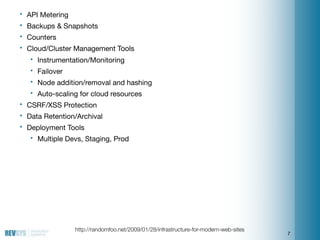 •   API Metering
•   Backups & Snapshots
•   Counters
•   Cloud/Cluster Management Tools
     •   Instrumentation/Monitori...