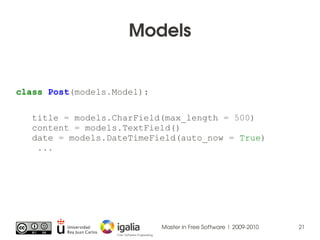 Models


class Post(models.Model):

  title = models.CharField(max_length = 500)
  content = models.TextField()
  date = m...