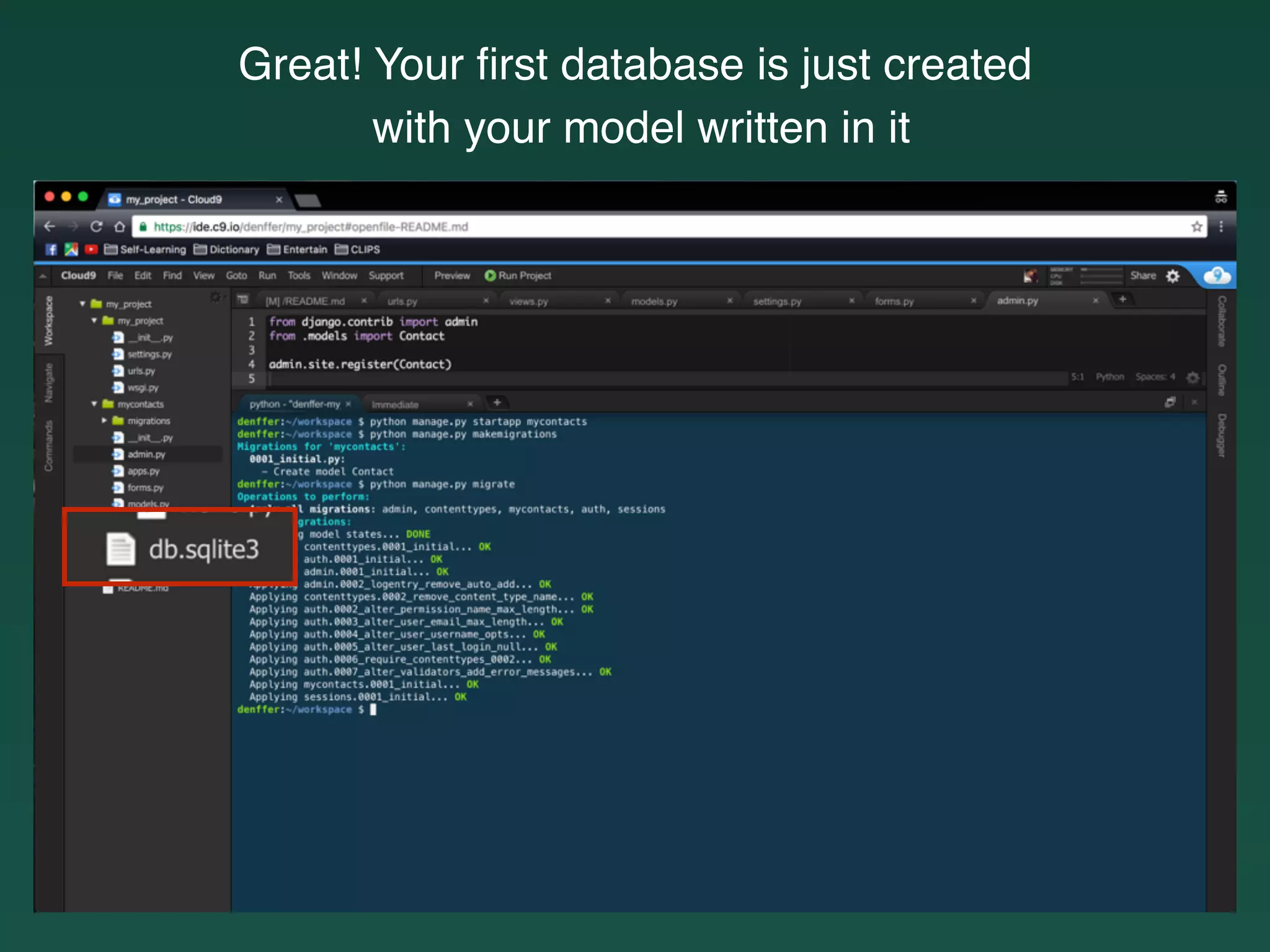 Great! Your ﬁrst database is just created
with your model written in it
 