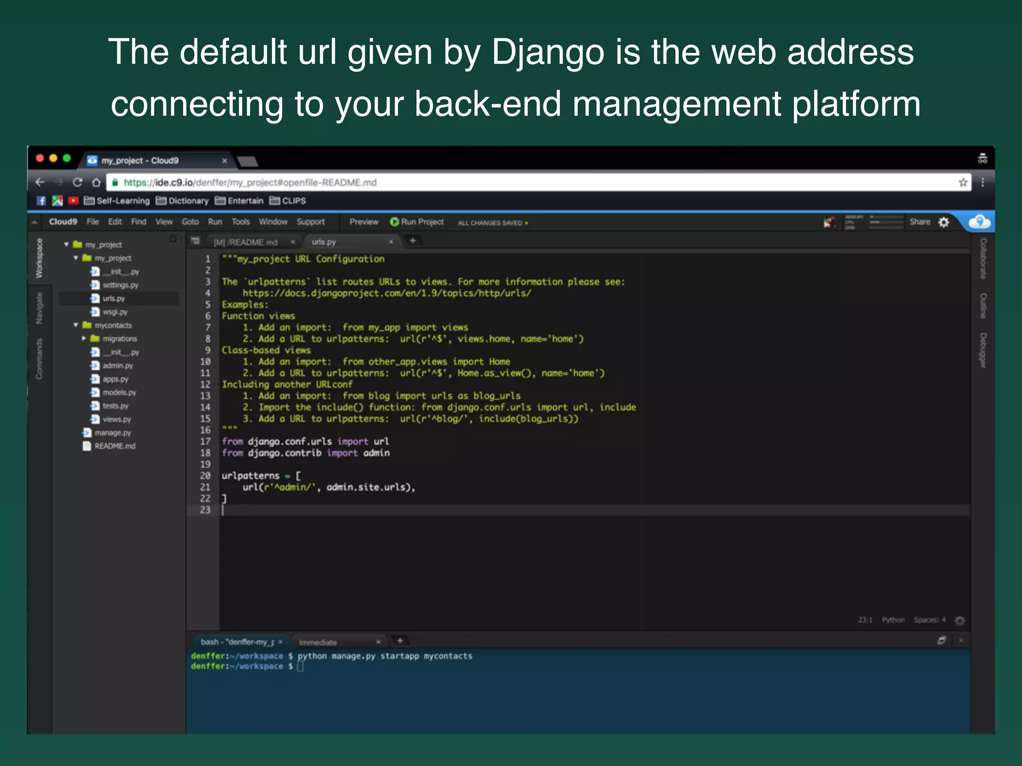 The default url given by Django is the web address
connecting to your back-end management platform
 