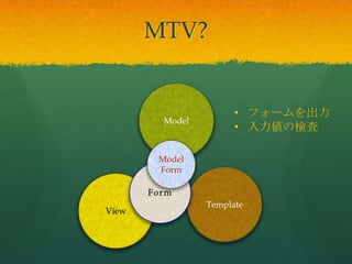 • フォームを出力
• 入力値の検査
MTV?
Template
Model
View
Model
Form
 