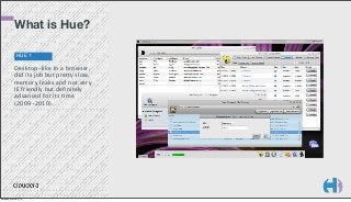 What is Hue?
HUE 1

Desktop-like in a browser,
did its job but pretty slow,
memory leaks and not very
IE friendly but definitely
advanced for its time
(2009-2010).

Monday, March 3, 14

 