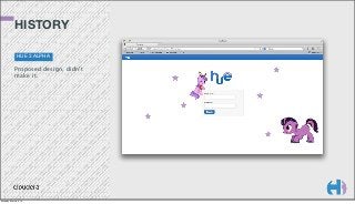 HISTORY
HUE 3 ALPHA

Proposed design, didn’t
make it.

Monday, March 3, 14

 