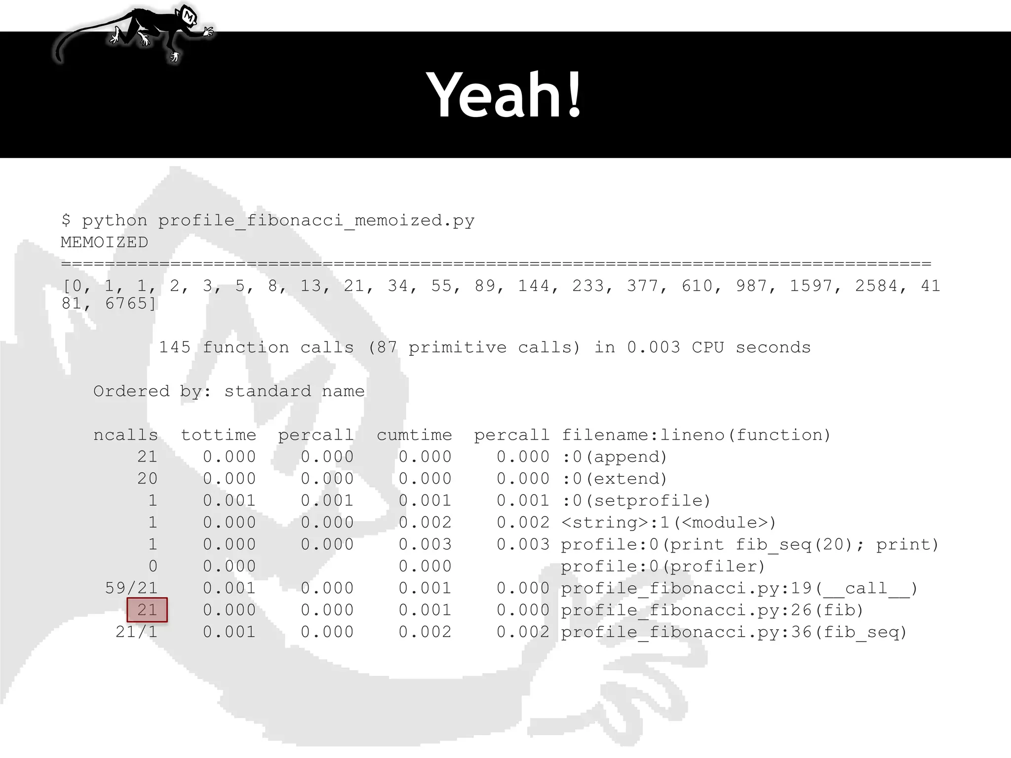 Yeah!
$ python profile_fibonacci_memoized.py
MEMOIZED
================================================================================
[0, 1, 1, 2, 3, 5, 8, 13, 21, 34, 55, 89, 144, 233, 377, 610, 987, 1597, 2584, 41
81, 6765]

        145 function calls (87 primitive calls) in 0.003 CPU seconds

  Ordered by: standard name

  ncalls   tottime   percall   cumtime   percallfilename:lineno(function)
      21     0.000     0.000     0.000     0.000:0(append)
      20     0.000     0.000     0.000     0.000:0(extend)
       1     0.001     0.001     0.001     0.001:0(setprofile)
       1     0.000     0.000     0.002     0.002<string>:1(<module>)
       1     0.000     0.000     0.003     0.003profile:0(print fib_seq(20); print)
       0     0.000               0.000          profile:0(profiler)
   59/21     0.001    0.000      0.001    0.000 profile_fibonacci.py:19(__call__)
      21     0.000    0.000      0.001    0.000 profile_fibonacci.py:26(fib)
    21/1     0.001    0.000      0.002    0.002 profile_fibonacci.py:36(fib_seq)
 