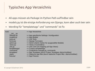 Typisches App Verzeichnis

 ▸    All apps müssen als Package im Python Path auffindbar sein
 ▸    models.py ist die einzige Anforderung von Django, kann aber auch leer sein
 ▸    Wording für "templatetags" und "commands" ist fix
 nuts/                      << App Verzeichnis
         __init__.py
         settings.py        << App spezifische Settings / Konfiguration
         models.py          << App Models
         tests.py           << Unit Tests
         forms.py           << Django Formulare
         admin.py           << Admin (Admin Seiten für ausgewählte Models)
         views.py           << Views (=Controllers)
         urls.py            << Urls Conf (Url mapping auf App Views)
         templatetags/      << Custom templatetags
         command/           << Zusätzliche manage.py. commands
         templates/         << App Templates (durch Project Templates überschreibbar)
         static/            << Statische App files (durch statische Project files überschreibbar)
         fixtures/          << App Fixtures




© Juergen Schackmann 2012                                                                           23/69
 