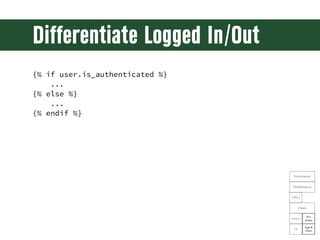 Diﬀerentiate Logged In/Out
{% if user.is_authenticated %}
    ...
{% else %}
    ...
{% endif %}




                     ...